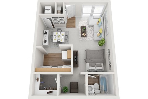 studio floor plan an in 3d at Brook View Apts, Baltimore MD